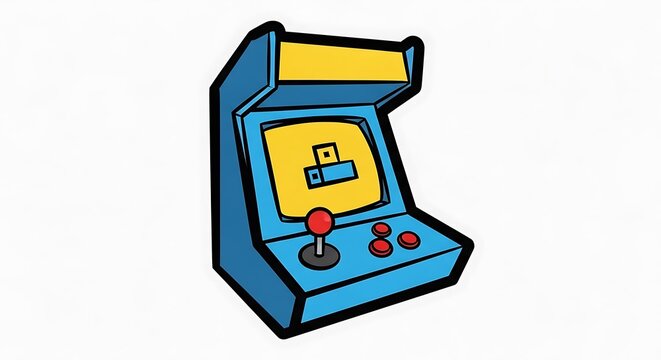 A cartoon-style illustration of a classic retro arcade machine in blue and yellow colors, with a joystick