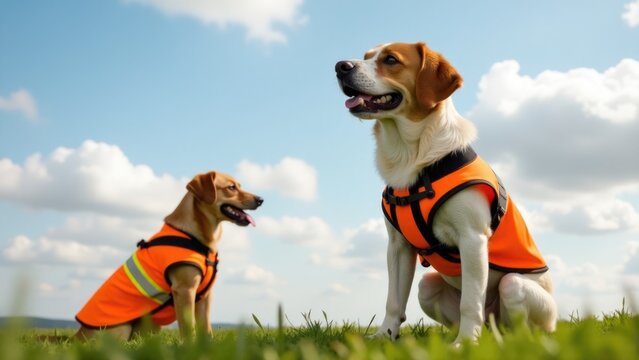 Two canine friends enjoy a sunny day on the grass while wearing their favorite life jackets