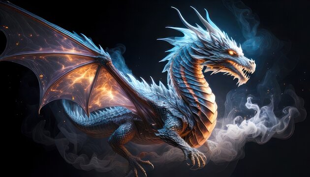 Majestic Ice Dragon Soaring Through the Night Sky with Fiery Wings.