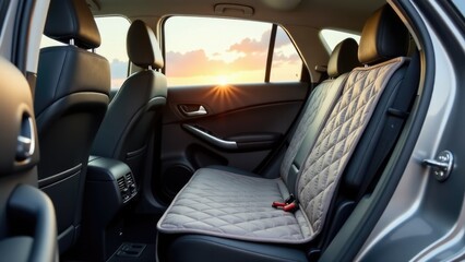 Fototapeta premium A photo of a car's back seat with a quilted seat cover, suitable for use in illustrations about transportation or leisure activities