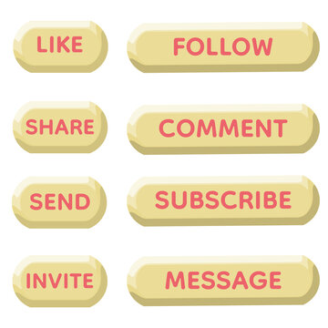 Soft Cream Yellow Glossy 3D Social Media Button Set with Pink Typography LIKE, FOLLOW, SHARE, COMMENT, SUBSCRIBE, SEND, INVITE, MESSAGE Text Labels, Rounded UI Elements, Smooth Gradient Plastic Style
