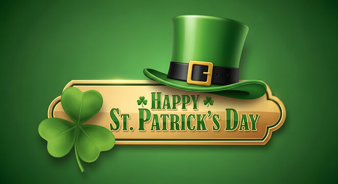 A festive St. Patrick's Day graphic with a green hat and shamrock
