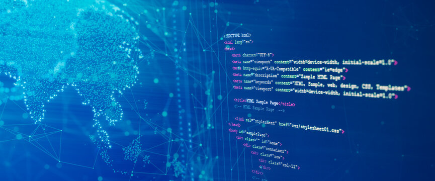 Digital world map with connected data nodes and HTML code overlay on blue background, illustrating global networking, web development, and data communication in modern technology systems.