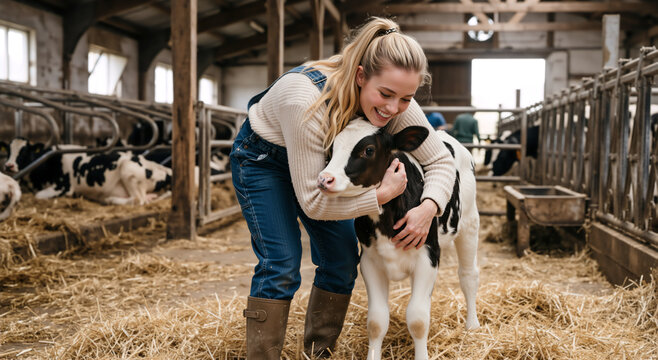 Young woman hugging a black and white calf in a barn. Happy female farmer with dairy cow on a farm. Animal care and agriculture concept