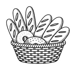 Obraz premium Hand Drawn Basket Filled With Assorted Bread Baguettes and Bagels Black and White