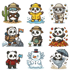 Obraz premium Set of 9 Cute Panda Characters - Kawaii Panda Desert Explorer, Beekeeper, Mountain Climber, Gardener, Lumberjack, Tornado Survivor, and Playing in Rain, Snow, and Leaves - Vector Illustration