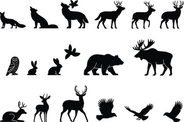 Fototapeta premium Wildlife icons, animal silhouettes, black animals, vector set