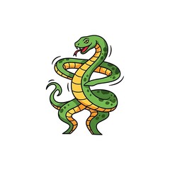 Fototapeta premium A cartoon-style illustration of a green snake with a yellow underbelly and black outlines, coiling and standing upright