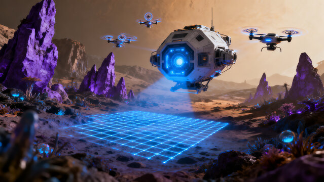 Futuristic drones exploring an alien planet with advanced scanning technology