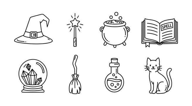 Set of 8 Hand-Drawn Magic and Witch Icons Including Cauldron, Broomstick, Potion and Crystal Ball, Isolated on White