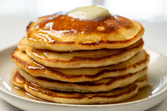 Stack of pancakes on a ceramic plate on a light surface 