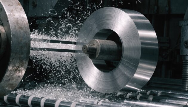 Detailed medium shot of thin gauge metal coil on mandrel being cut to length focusing on sharp blades and conveyor system in highspeed production environment.