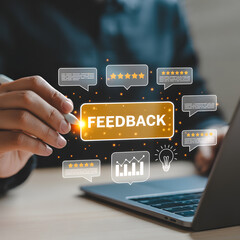 Customer support agent typing on laptop while using digital feedback and communication interface symbols, business service concept with notification icons