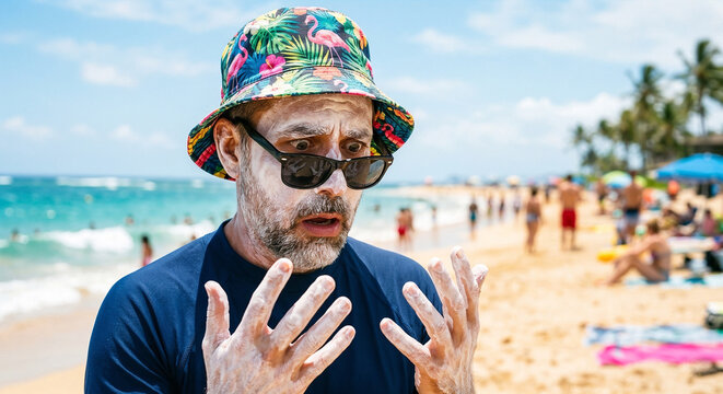 Surprised man with white sunblock cream on face standing on shore.
