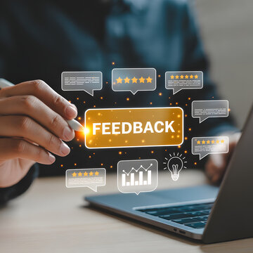 Customer support agent typing on laptop while using digital feedback and communication interface symbols, business service concept with notification icons