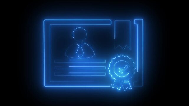 Neon Patent icon isolated on black background. HD Video motion graphic animation, a neon-style illustration of a certificate or document. The illustration is outlined in a bright blue glow.