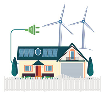 House powered by wind and solar energy, green energy transition, vector illustration