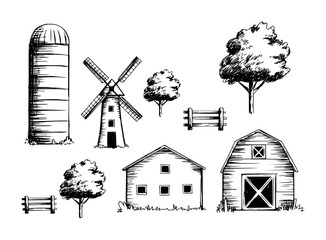 Hand drawn of farm buildings silo windmill trees and fences white background rural © Ripa_Moni