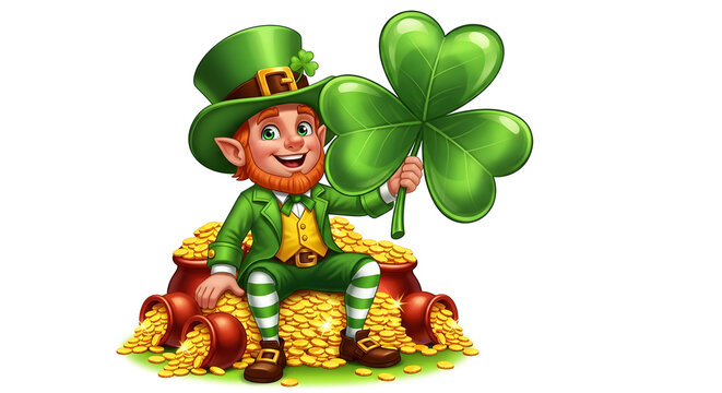 A cheerful cartoon leprechaun sitting on a pile of gold coins and holding a large four-leaf clover.