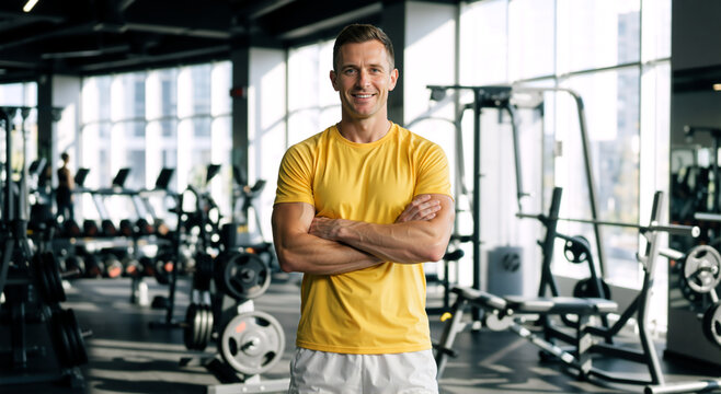 Confident male personal trainer standing in modern gym. Smiling athletic man with arms crossed wearing yellow shirt. Fitness and health concept