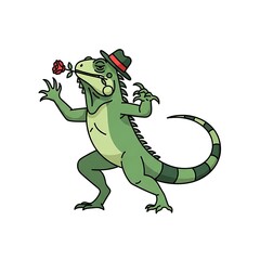 Fototapeta premium A cartoon-style iguana with a hat and a rose in its mouth, standing on its hind legs in a pose