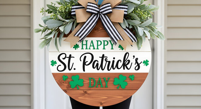A festive St. Patrick's Day door decoration with a wreath and shamrocks