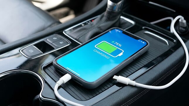 Smartphone charging on car wireless pad with eco friendly energy app interface
