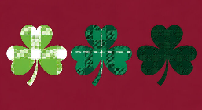 A vibrant illustration of three shamrocks in different shades of green on a red background