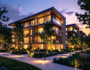 Obraz premium Modern apartment complex at twilight
