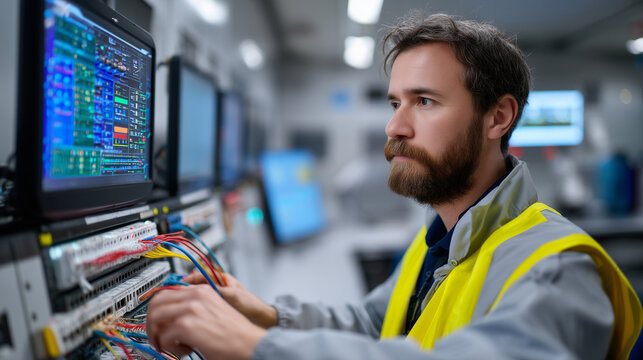 Network engineer adjusting fiber optic connections in smart grid telecommunications hub while monitoring screens display substation status across sprawling metropolitan power distr