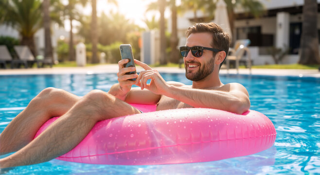 Smiling man on pink inflatable ring using smartphone in swimming pool. Happy male tourist with sunglasses relaxing at summer resort. Digital nomad lifestyle concept