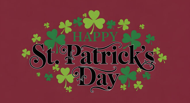A festive St. Patrick's Day graphic with shamrocks and text on a maroon background