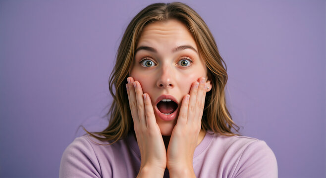 Close up portrait of shocked woman with hands on cheeks. Surprised young female with mouth open and wide eyes on purple background. Amazement and disbelief concept