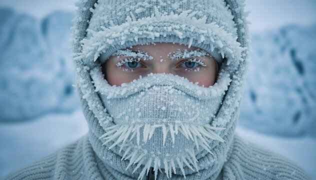 Close up of person's face covered in frost and ice. Extreme cold weather and winter survival concept. Arctic explorer in frozen balaclava with icicles
