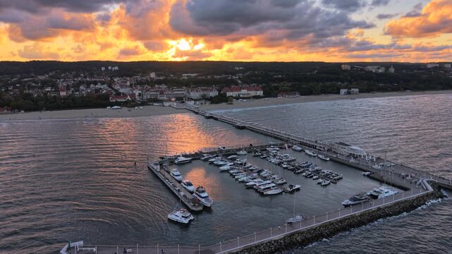 Beautiful architecture of Sopot city by the Baltic Sea at sunset, Poland.