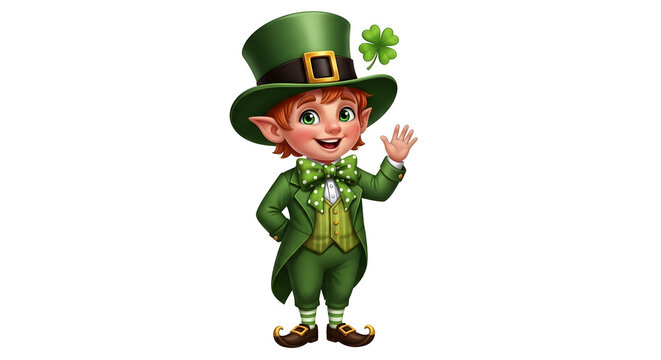 A cheerful cartoon leprechaun in a green suit and hat waves hello on a white background.