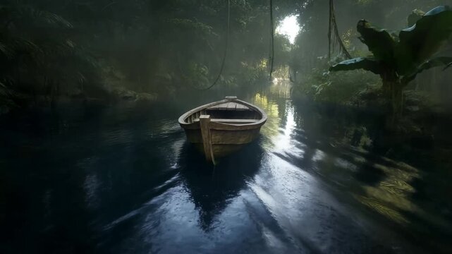 Tracking slow motion dolly shot of wooden rowboat drifting along calm jungle river with misty forest reflections at dawn