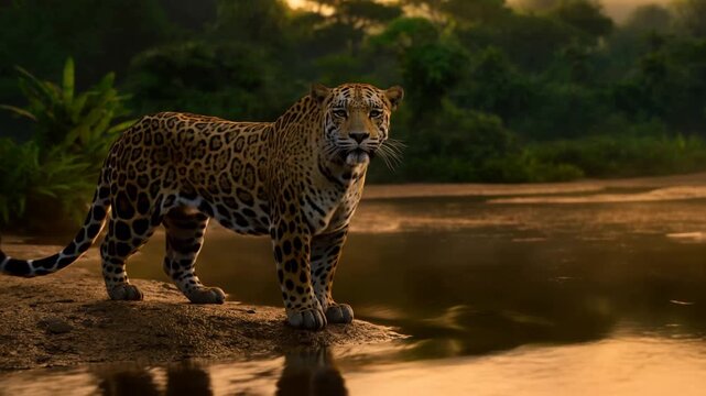 Slow motion tracking shot of jaguar walking along river bank in rain forest jungle at sunset