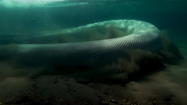 Slow motion tracking shot of giant anaconda slithering and stirring sediment along shallow murky seabed near coast at twilight