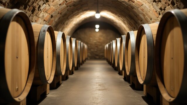 Row of wooden wine barrels stored in a dimly lit cellar, perfect for use in food and beverage, hospitality or agriculture related projects