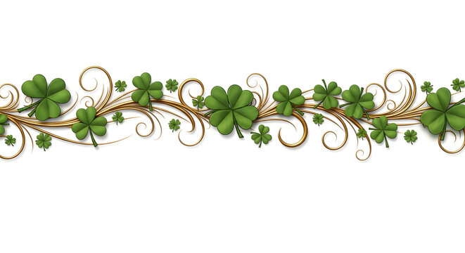 A beautiful illustration of green clover leaves and golden vines on a white background
