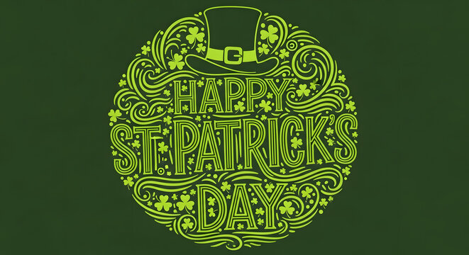 A festive St. Patrick's Day graphic design with a green hat and shamrocks on a dark green background