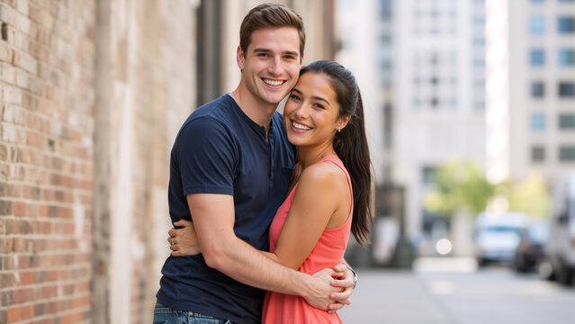 Portrait of a smiling young couple hugging on a city street. Happy man and woman embracing outdoors next to a brick wall
