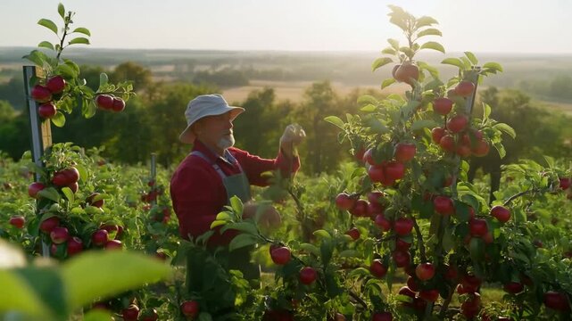 Tracking shot of farmer picking ripe red apples from trellised trees in hillside orchard during golden hour sunset with warm backlight