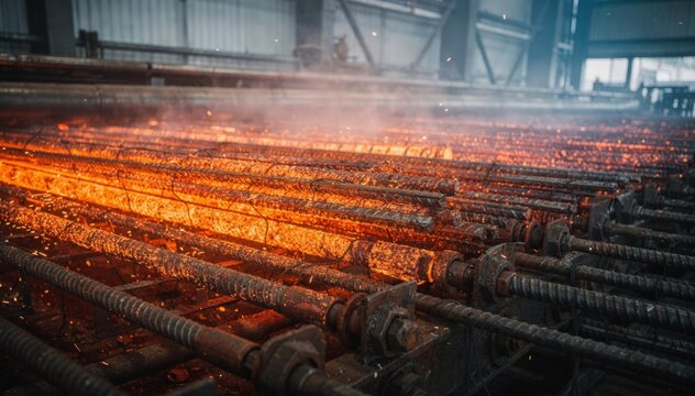 Industrial rolling line with rebar passing over cooling beds highlighting detailed texture as metal straightens and cools uniformly.