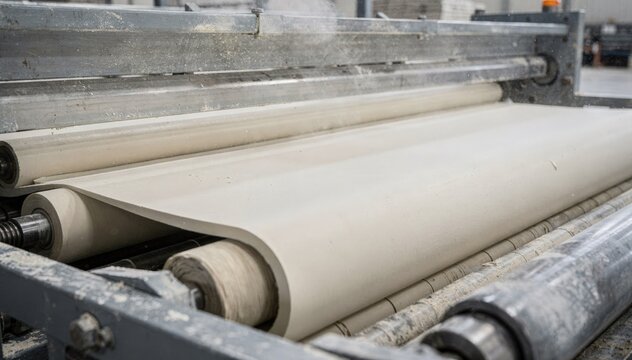 Footage of plain gypsum ceiling tile pressing process capturing smooth uniform texture formation for classic acoustic ceiling solutions.