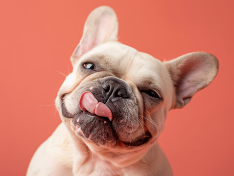 funny french bulldog winking close up portrait on coral background, playful pet expression