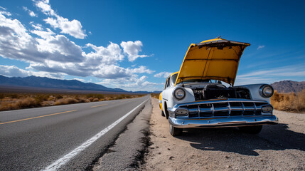 Fototapeta premium Empty desert highway with abandoned classic car restoration project, hood open revealing engine work in desolate landscape under vast sky, perfect for solitude journey, automotive