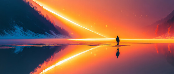 Fototapeta premium surreal glowing sunrise over frozen lake, lone silhouette and reflection dreamlike scene