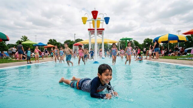 Boy sliding in shallow pool at crowded public splash pad